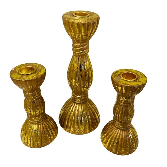 Vintage Gold Ribbed Solid Wood Candlesticks Set Of 3 - Picture 1 of 8